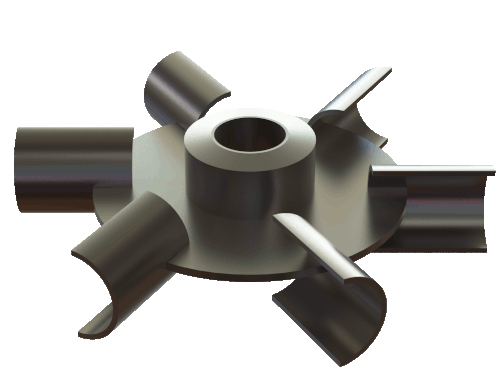 Radial Flow, gas dispersion, industry standard design, diameters 3” to 300”+ standard, mill stock, Np = 3.4, Nq=0.62